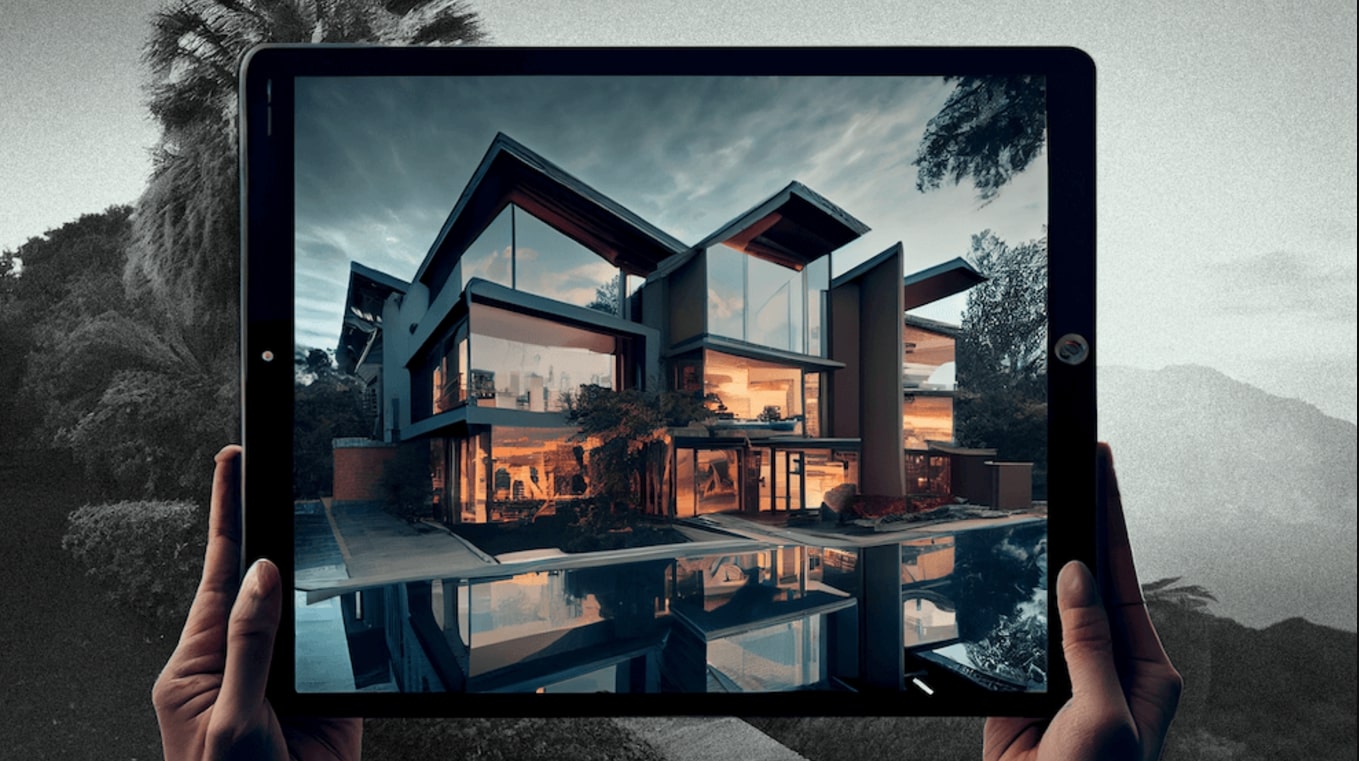 Luxury modern home viewed through tablet